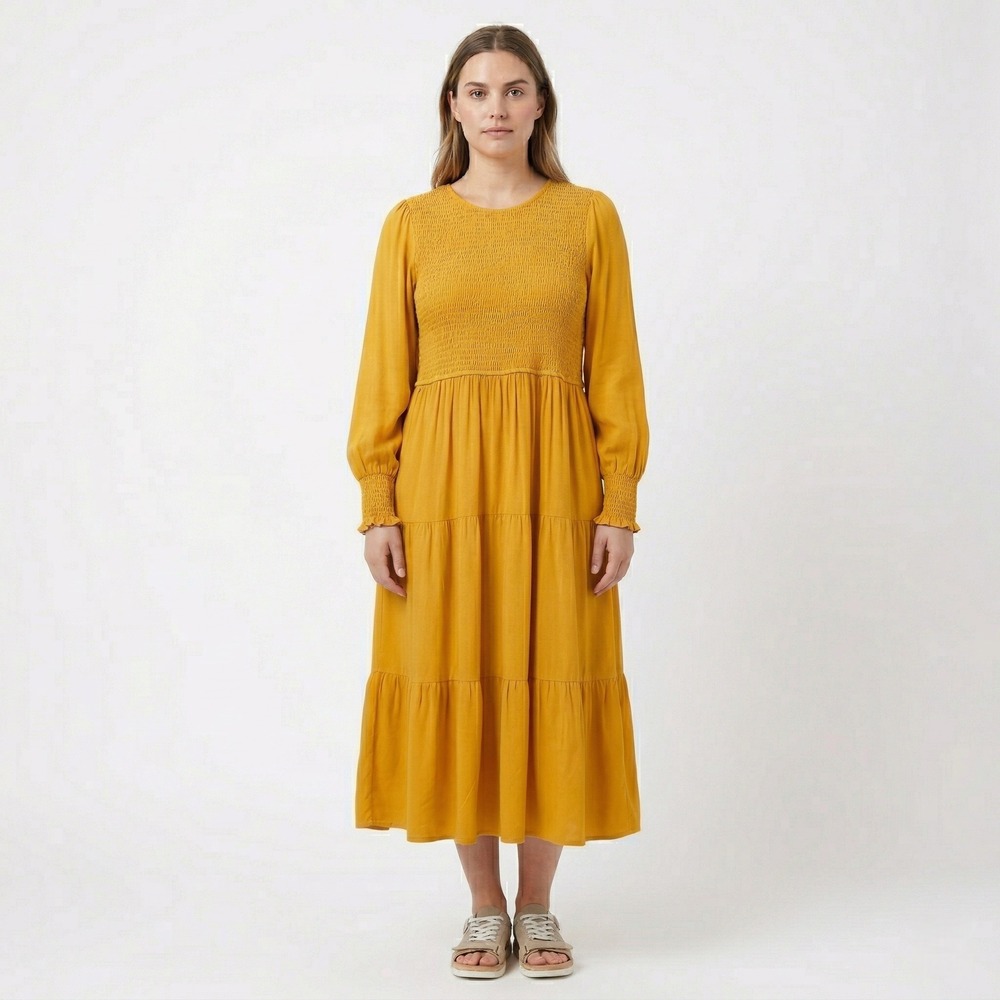 ZESICA‎ Women XL Maxi Dress Smocked Tiered Mustard Yellow Boho Cottagecore